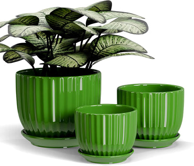 Set 3 Macetas Cerámica 4-6pulg Verdes con Drenaje Hogar