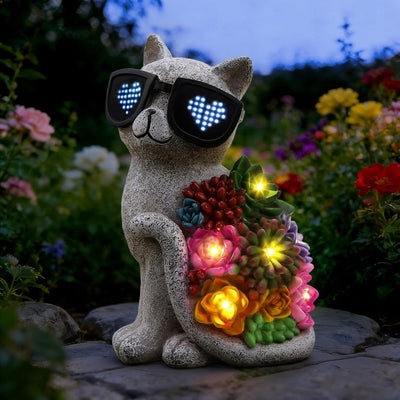 Estatua gato solar con luces LED para jardín