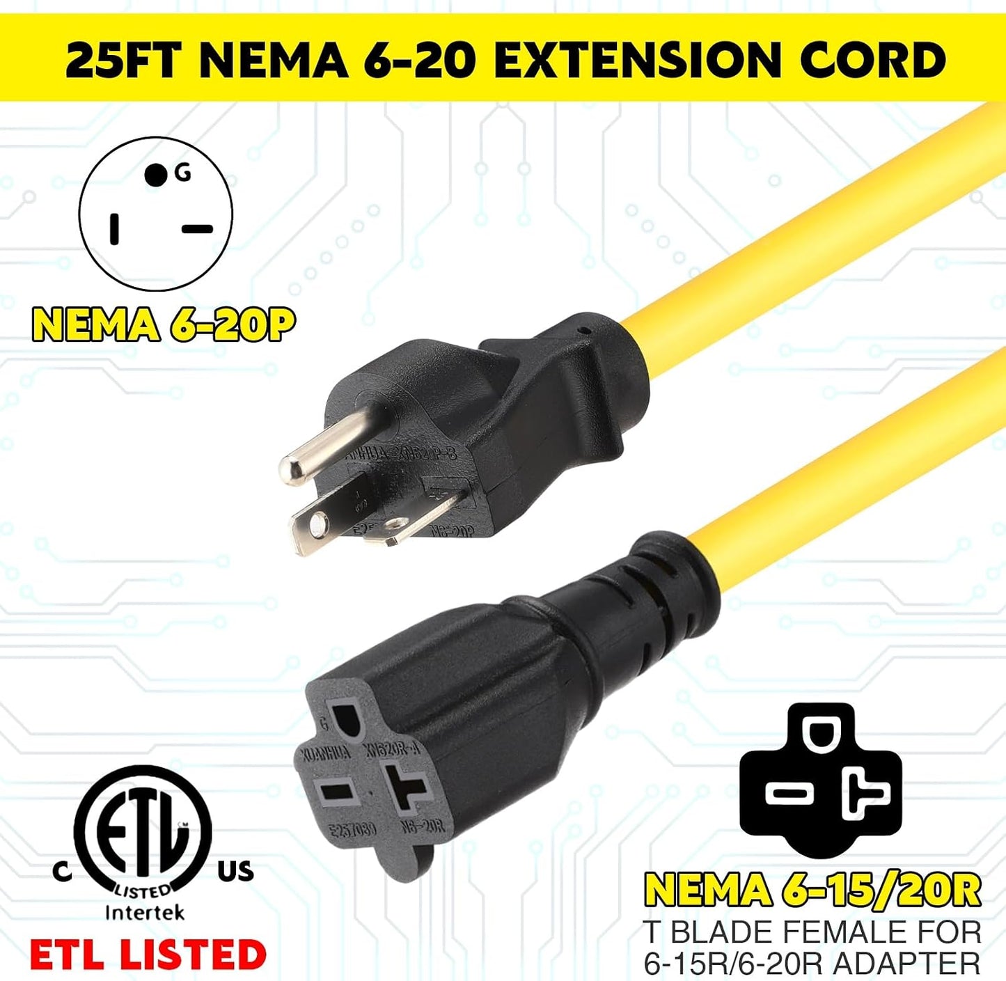 Cable extensión Nema 6-20 25ft enchufe macho a hembra 20A