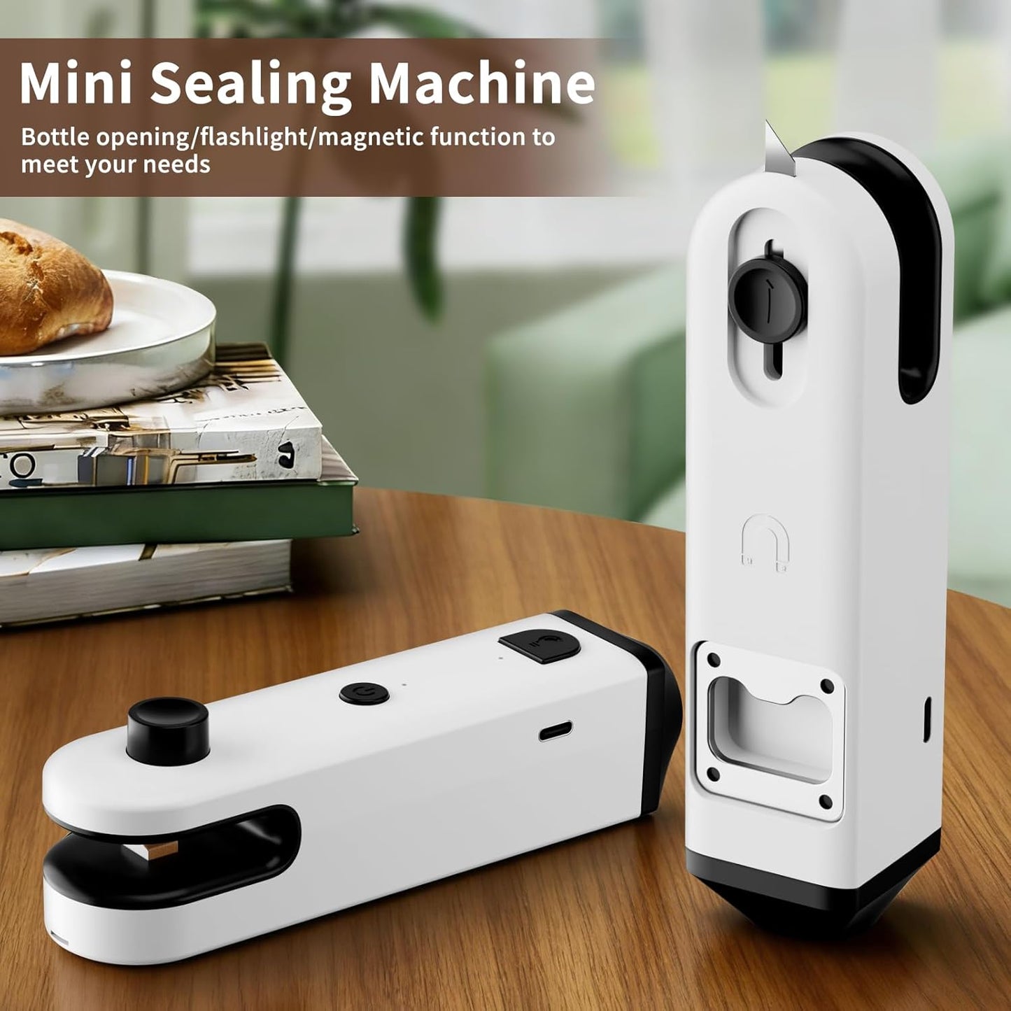 Mini sellador de bolsas con cuchillo/imán recargable USB-C para plástico, dulces y alimentos (blanco)