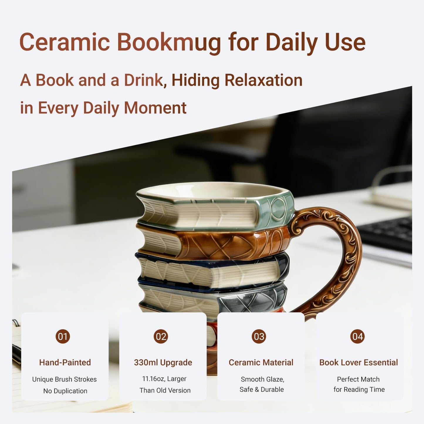 Taza de café de libros apilados en 3D cerámica pintada a mano