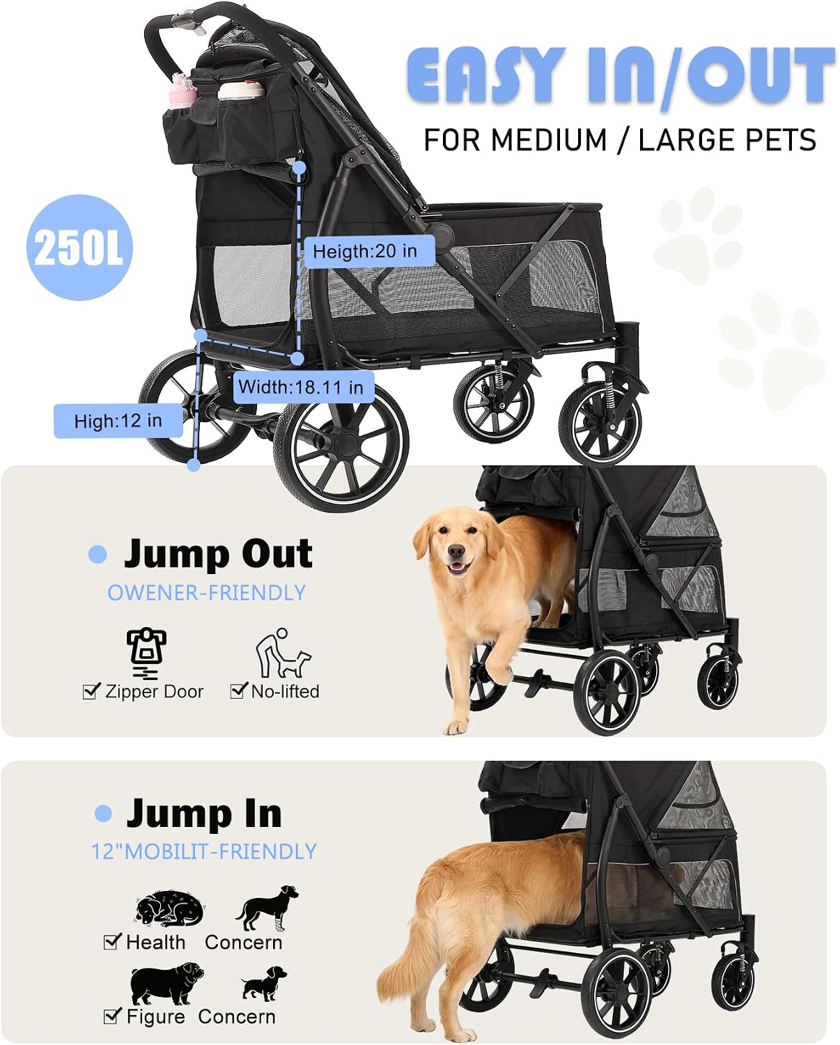 Cochecito perros grandes hasta 90lb transpirable todo terreno