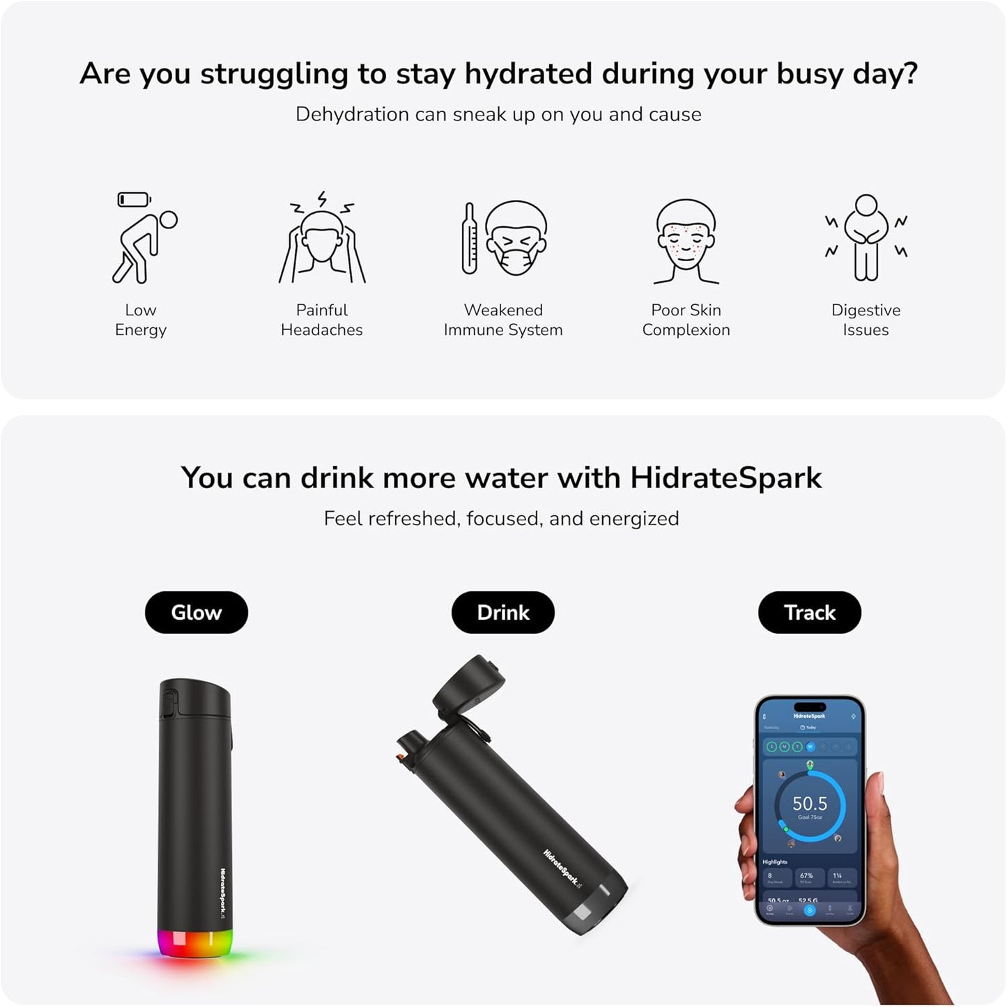 Botella de agua inteligente Spark PRO negra sin BPA 21 oz