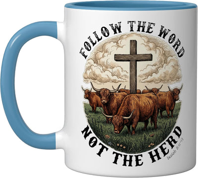 Taza cerámica Follow The Word Not The Herd Highland Cow Cross Faith Isaiah azul/blanco