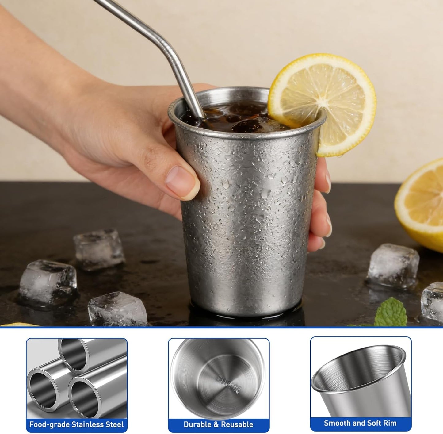 4 Pzas Vasos Acero Inox 8oz Apilables para Niños Bar Hogar