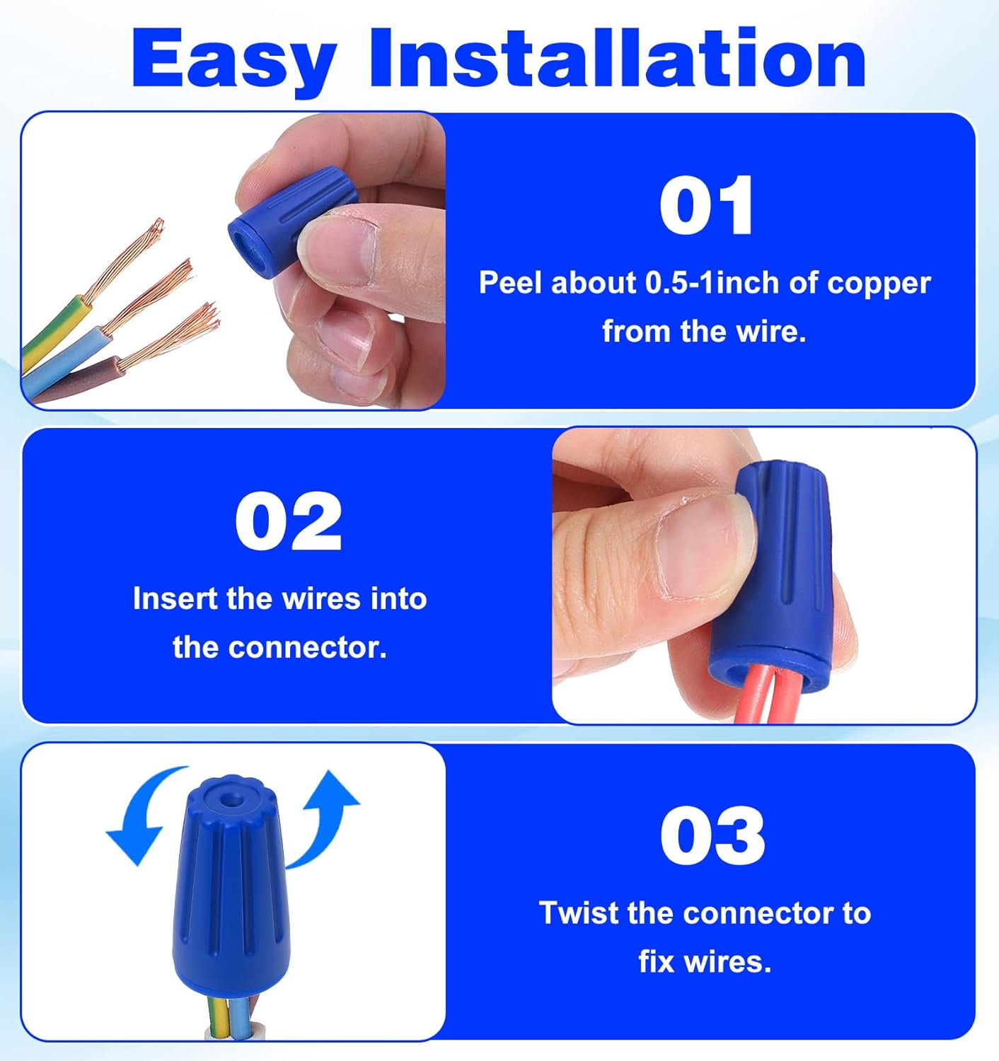 30 Tuercas Alambre Impermeables Conectores 22AWG-12AWG Azules