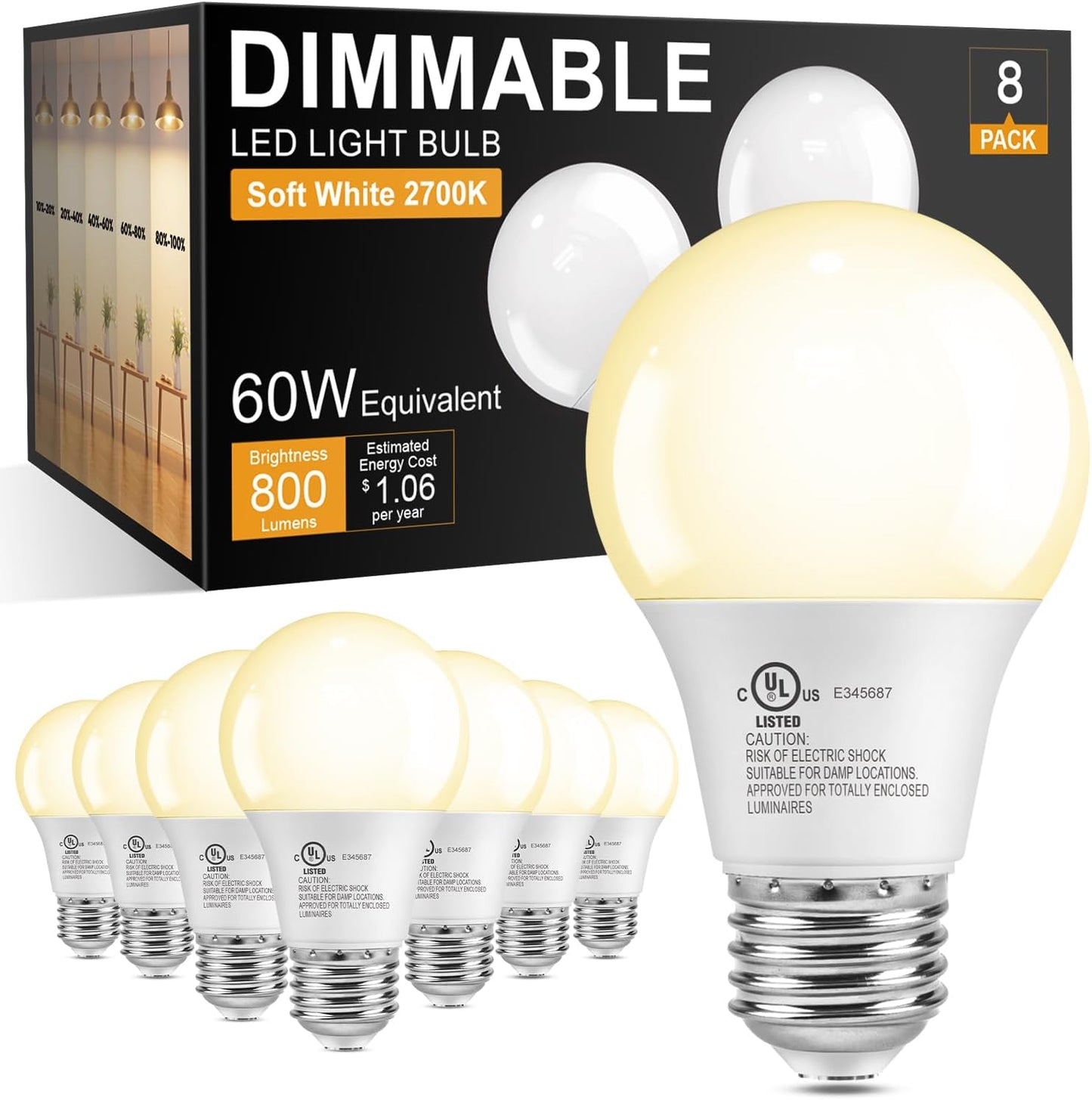 Pack 8 Bombillas LED A19 Regulables E26 2700K 9W