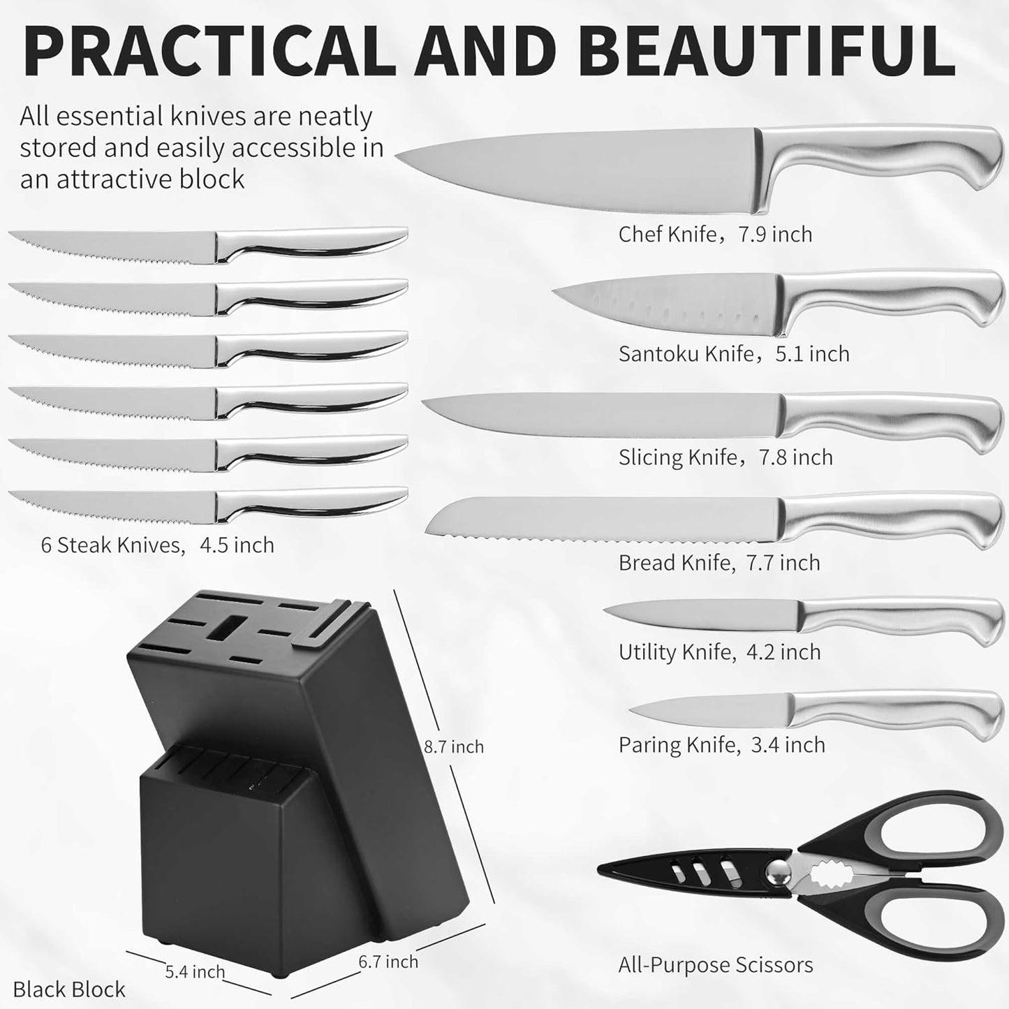 Set 15 Pzas Cuchillos Acero Inox Bloque Afilador Integrado Chef