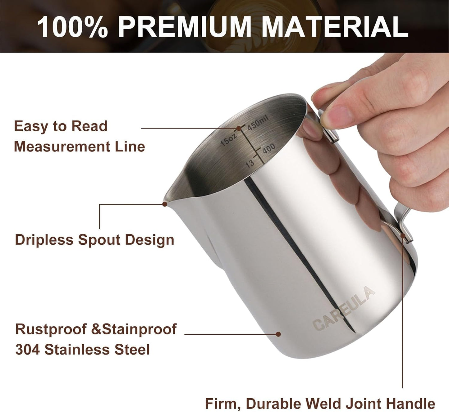 Jarra de espuma de leche de acero inoxidable 15 oz para cafetera expreso