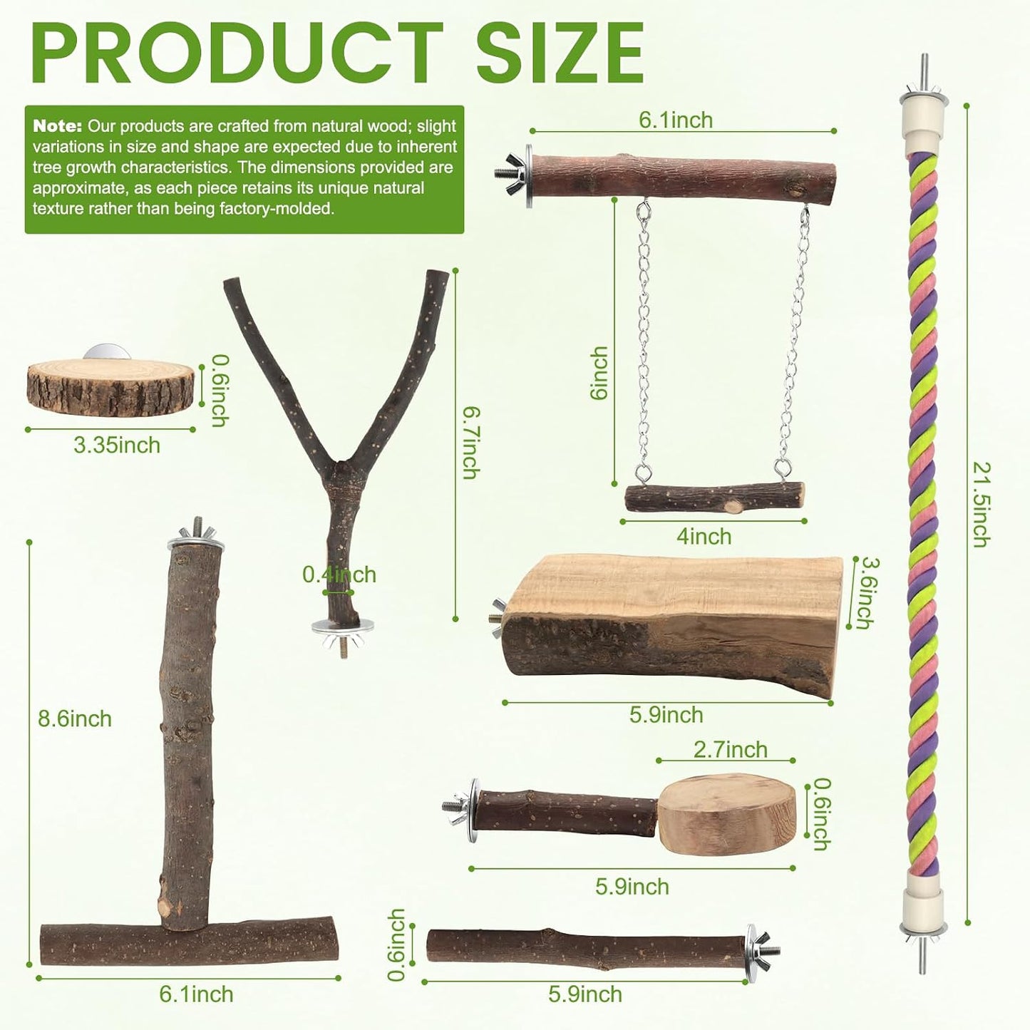 8 Perchas Madera Natural para Pájaros Juguete Masticar