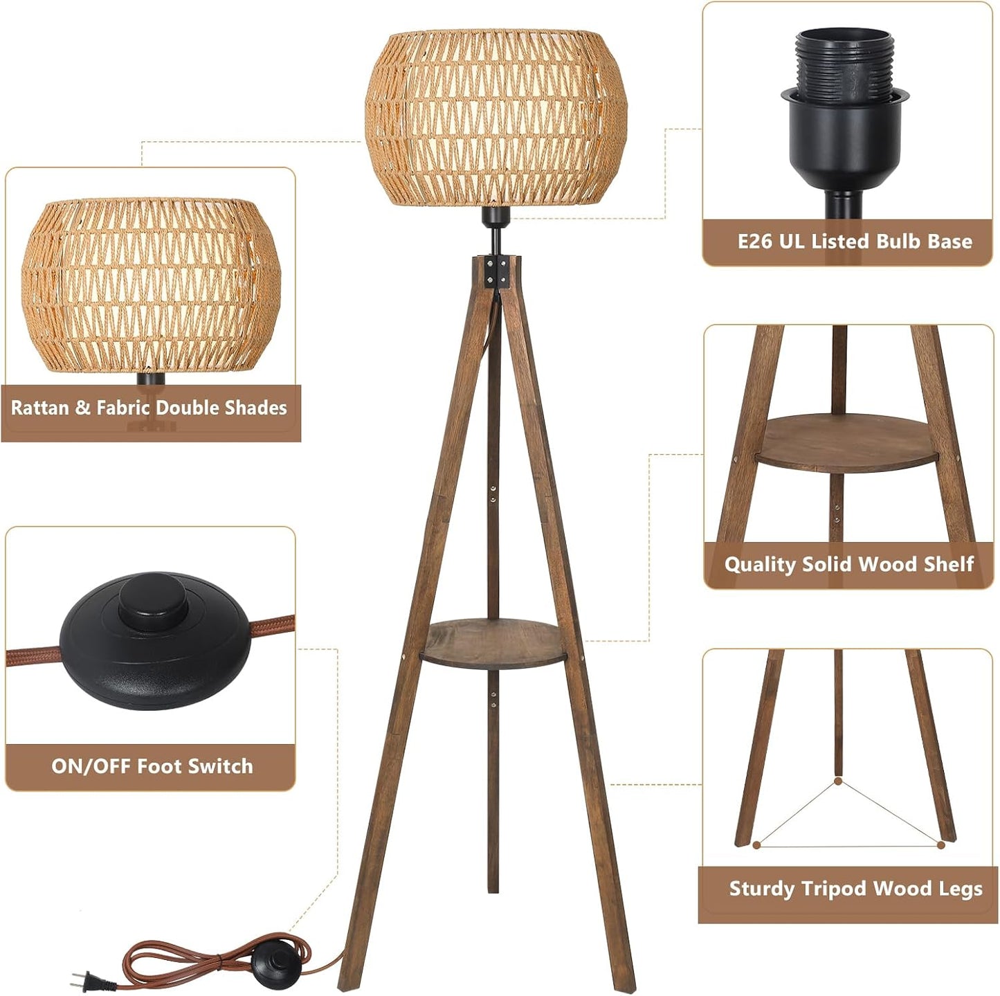 Lámpara pie bohemio madera estante pantallas ratán interruptor