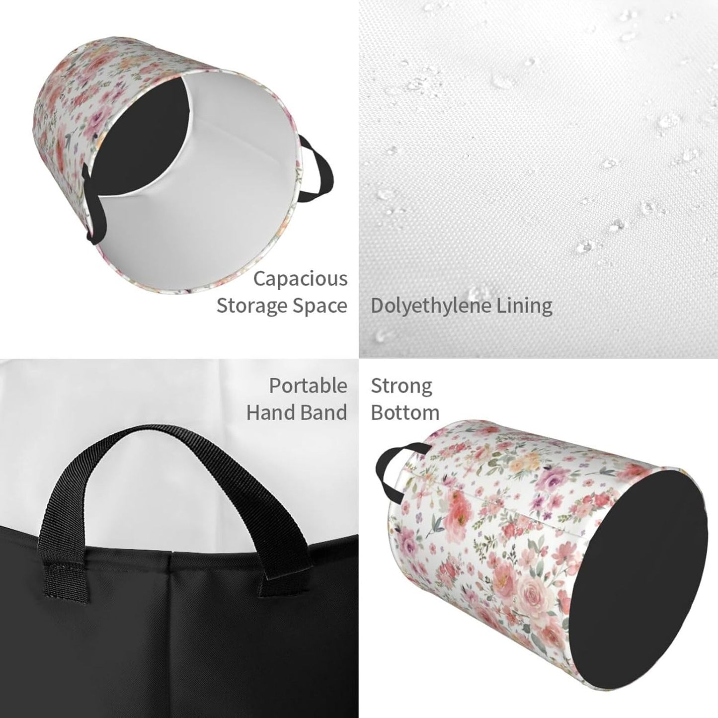 Cesta lavandería con flores rosas forro impermeable