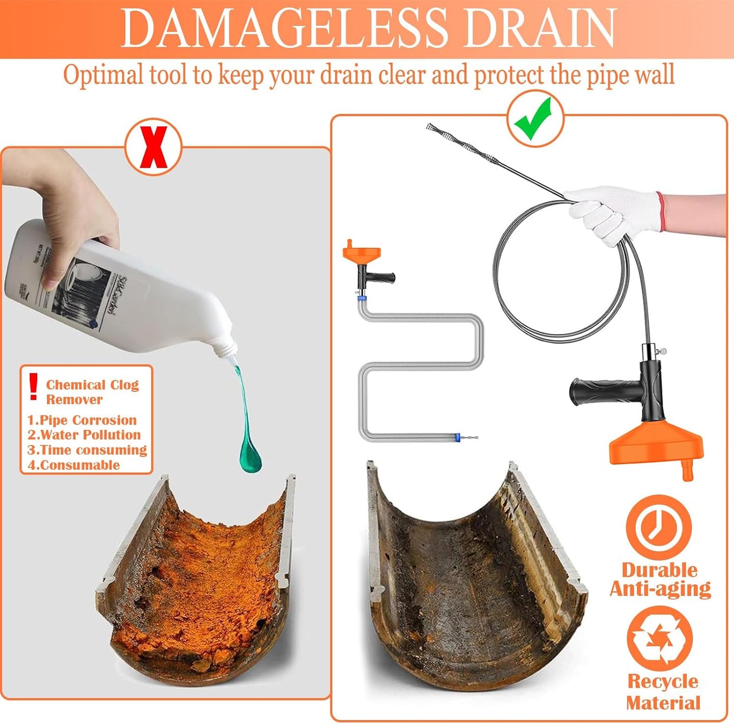 Sinfín serpiente drenaje 33ft para baño cocina bañera ducha