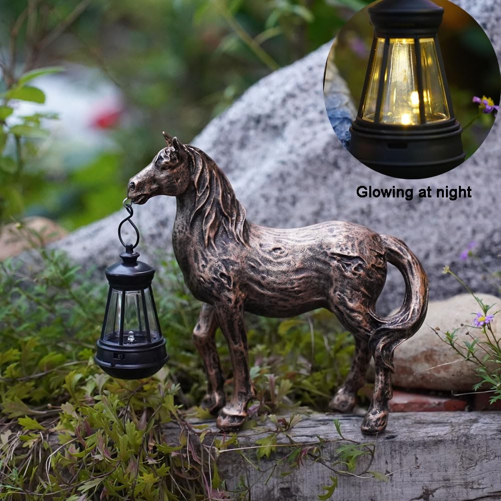 Linterna solar caballo bronce resina luz LED jardín