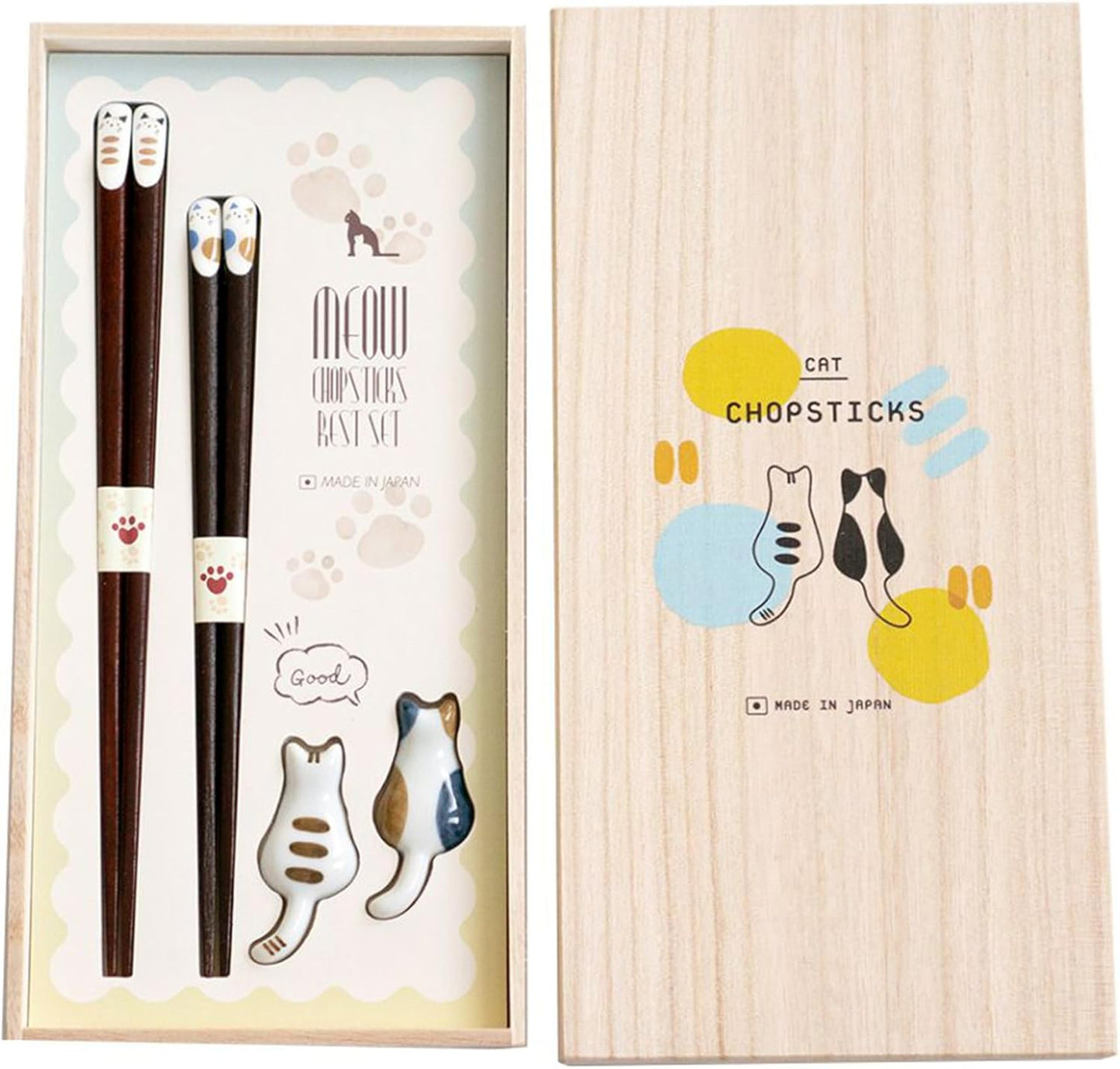 Set 2 Pzas Palillos Madera y Soporte Cerámica Gato en Caja Madera