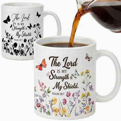 Taza de café cristiana con flores silvestres que cambian de color