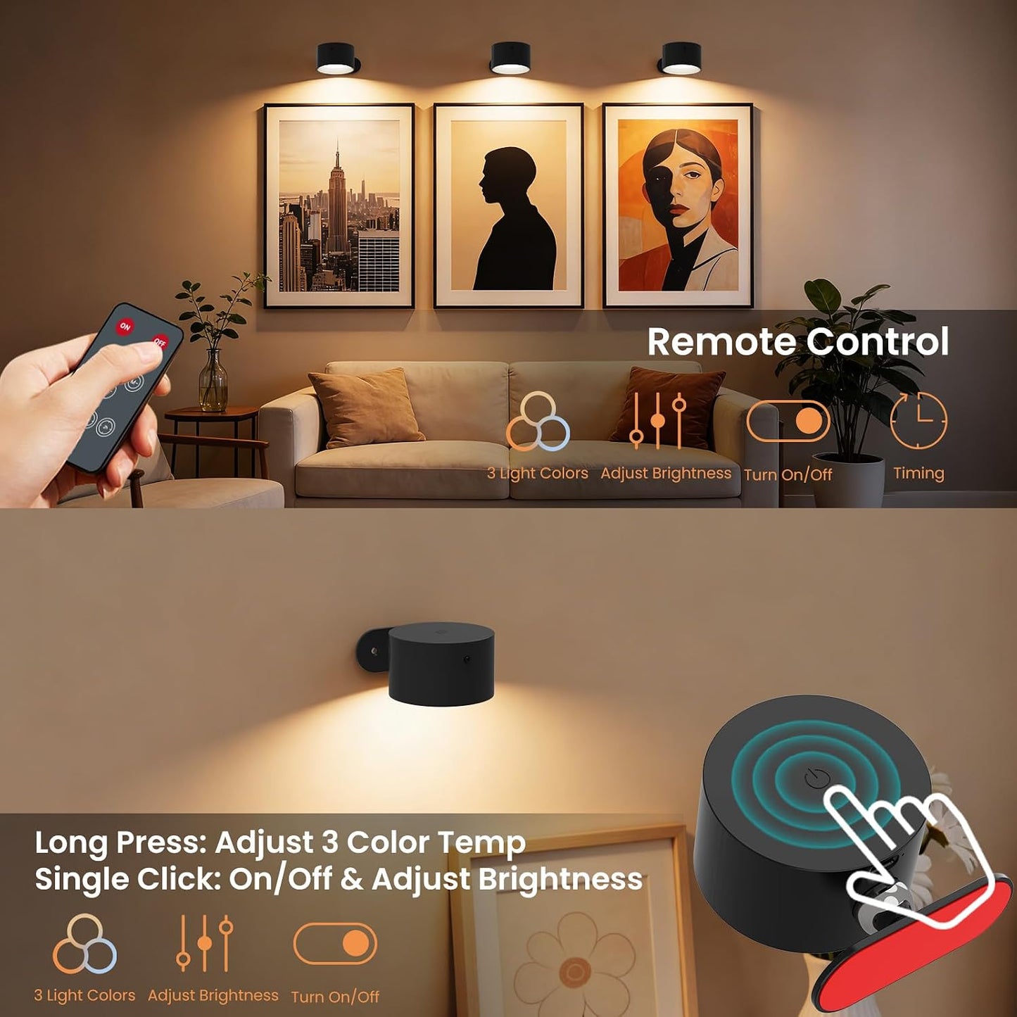 3 Apliques LED pared inalámbrica con control remoto y recargable