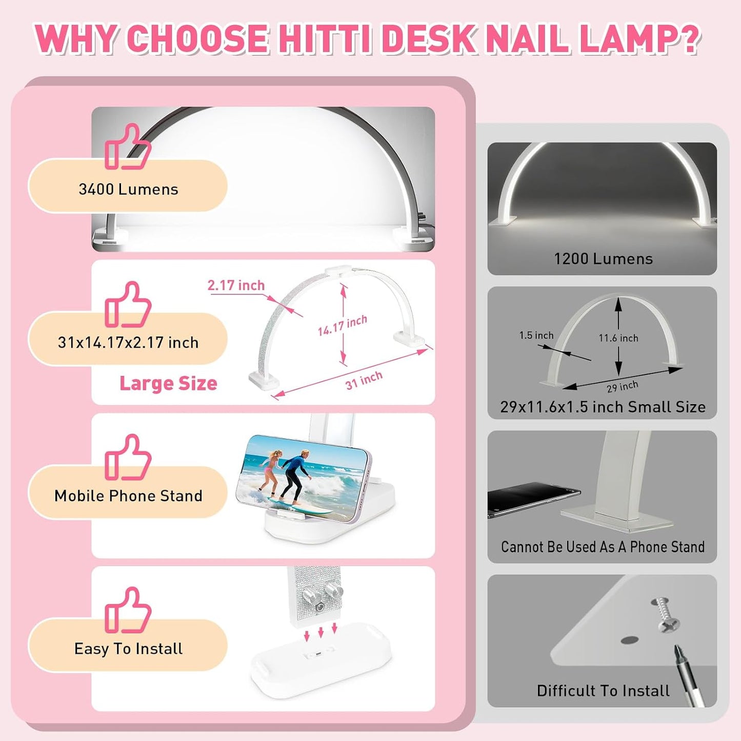 Luz media luna 31pulg escritorio uñas plegable LED ajustable 48W