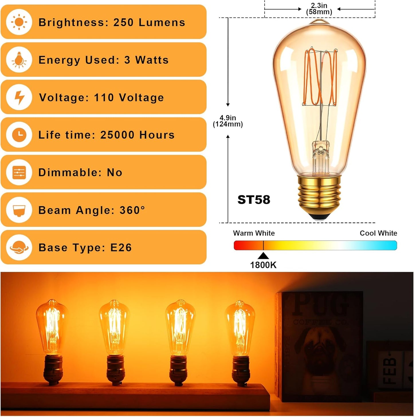 Bombilla Edison ST58 LED 3W vidrio amarillo filamento