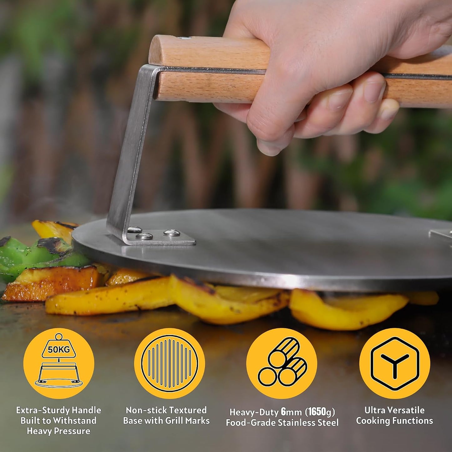 Prensa hamburguesa 8.5pulg acero inox mango madera 3.65lb