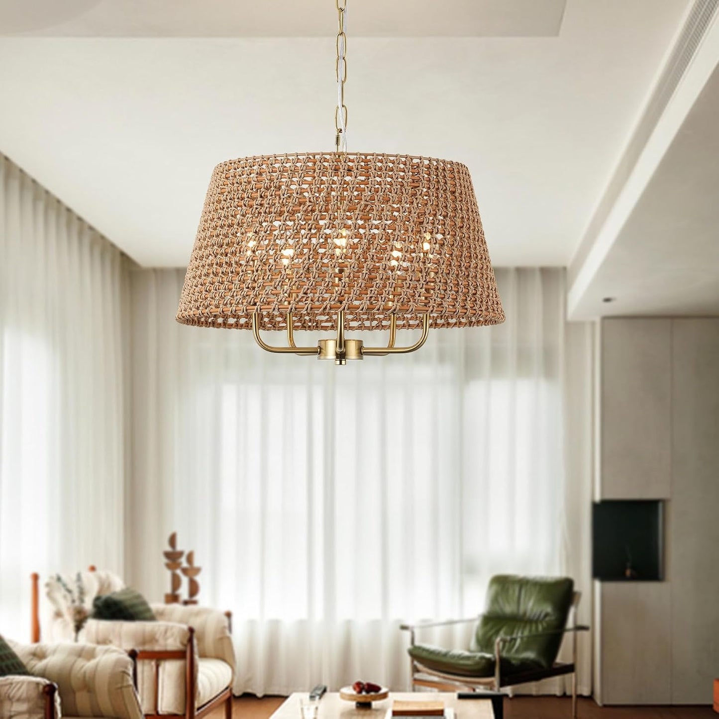 Candelabro ratán 20pulg 5 luces pantalla T para comedor dormitorio