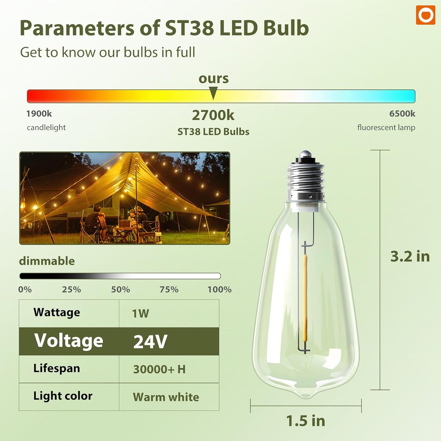 Pack 4 Bombillas LED ST38 E12 24V Inastillables