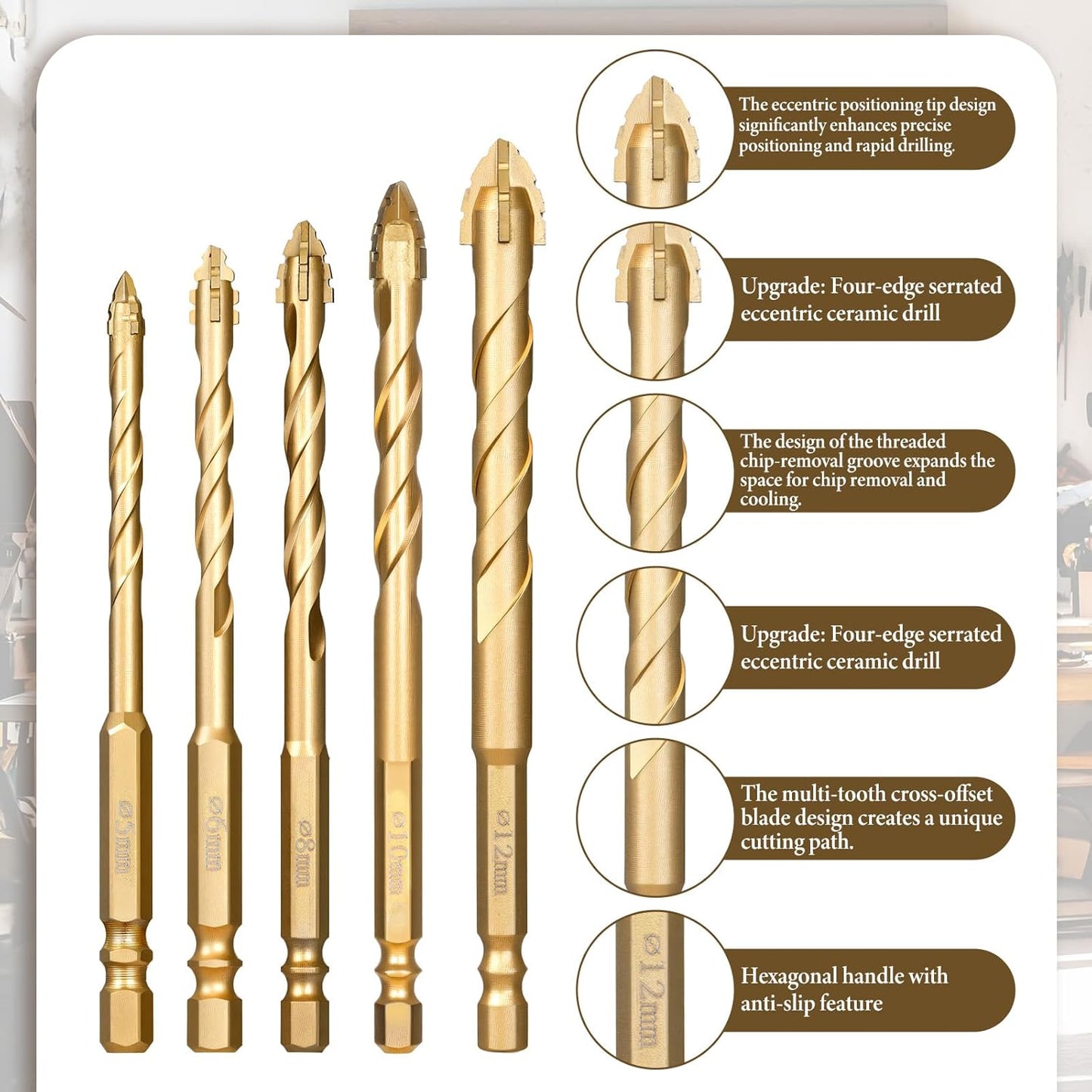 Set 4 Brocas Carburo Excéntrico Dientes Hormigón Madera Cerámica