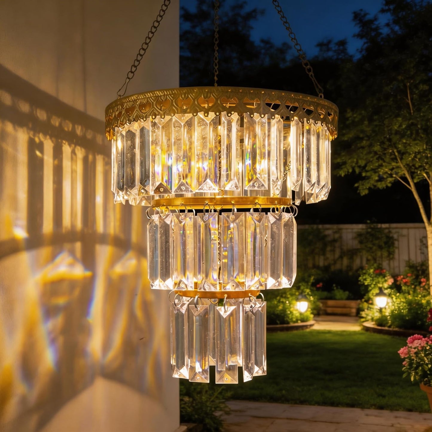 Candelabro solar de cristal para exteriores con LED blanco cálido