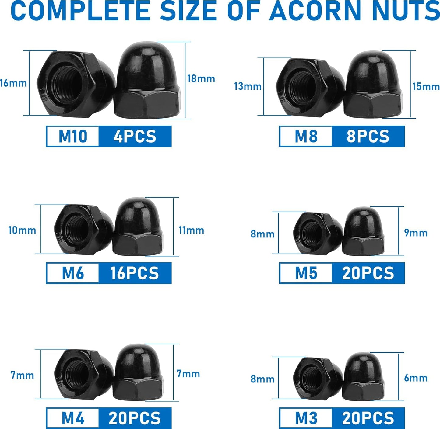 94 Pzas Tuercas Métricas Acero Inox M3-M10 Negras