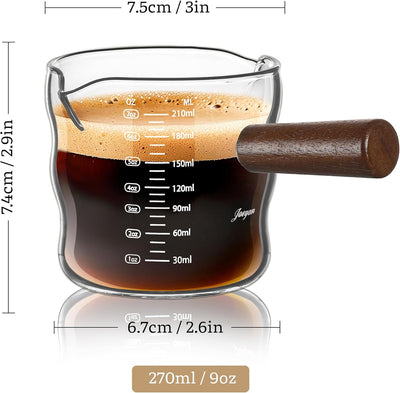 Taza medidora de espresso de 9 oz con doble boquilla y mango de madera