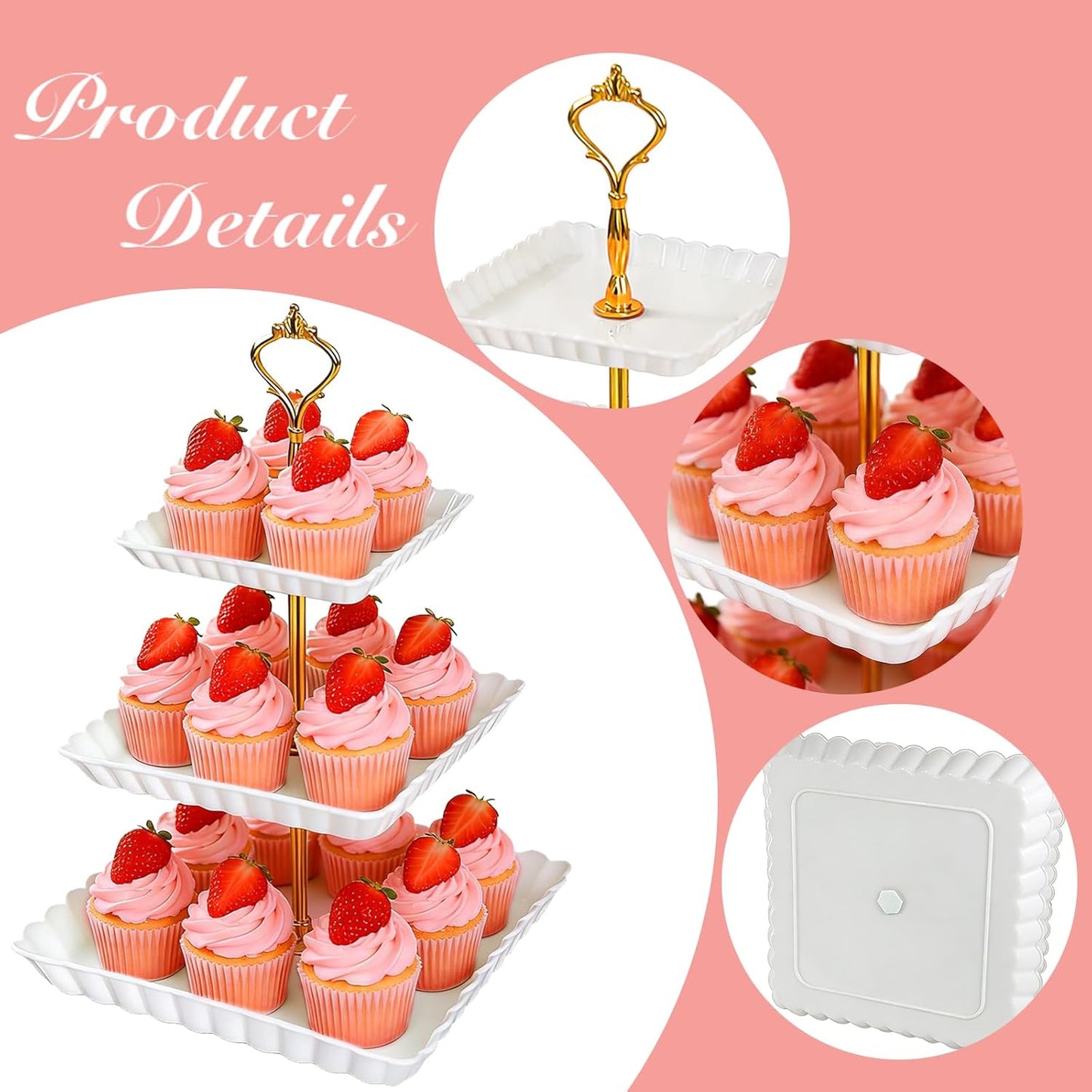 Soportes de plástico para cupcakes 3 niveles cuadrado blanco