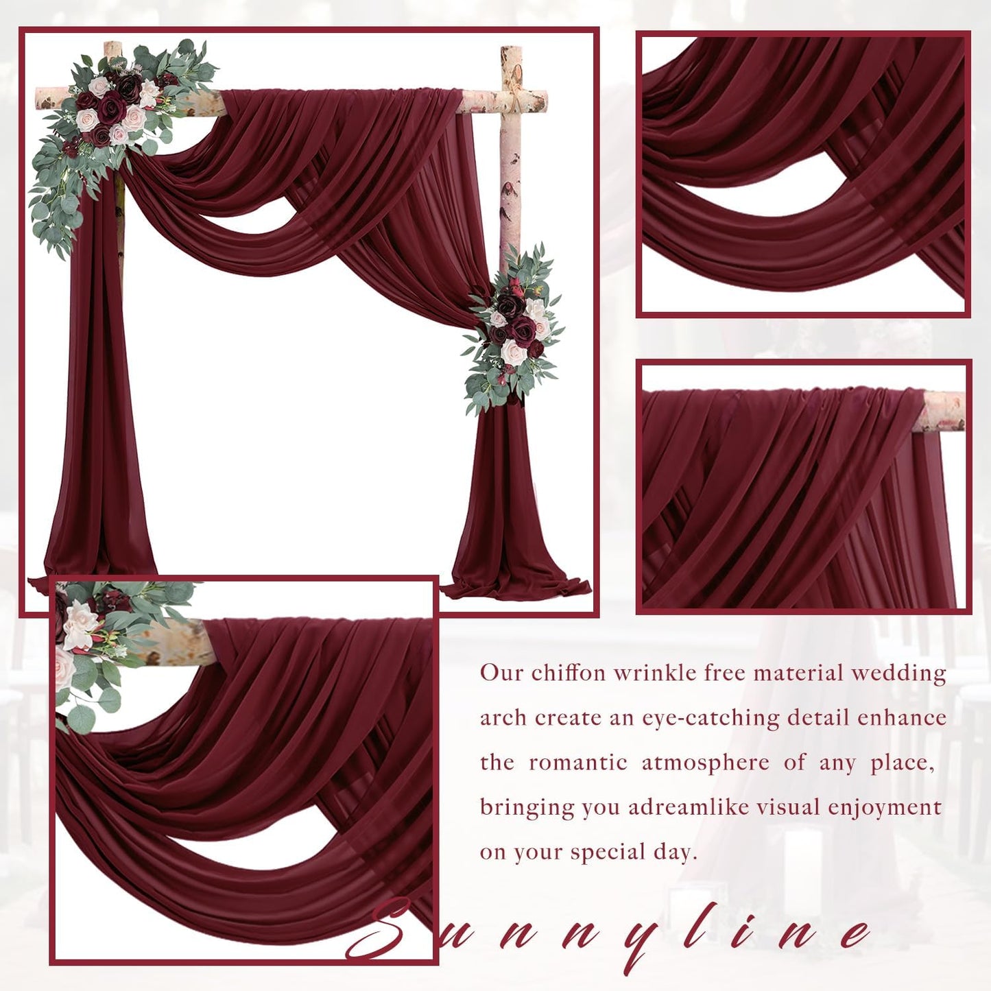 2 Cortinas Gasa Burdeos 20ftx28pulg para Arco Boda