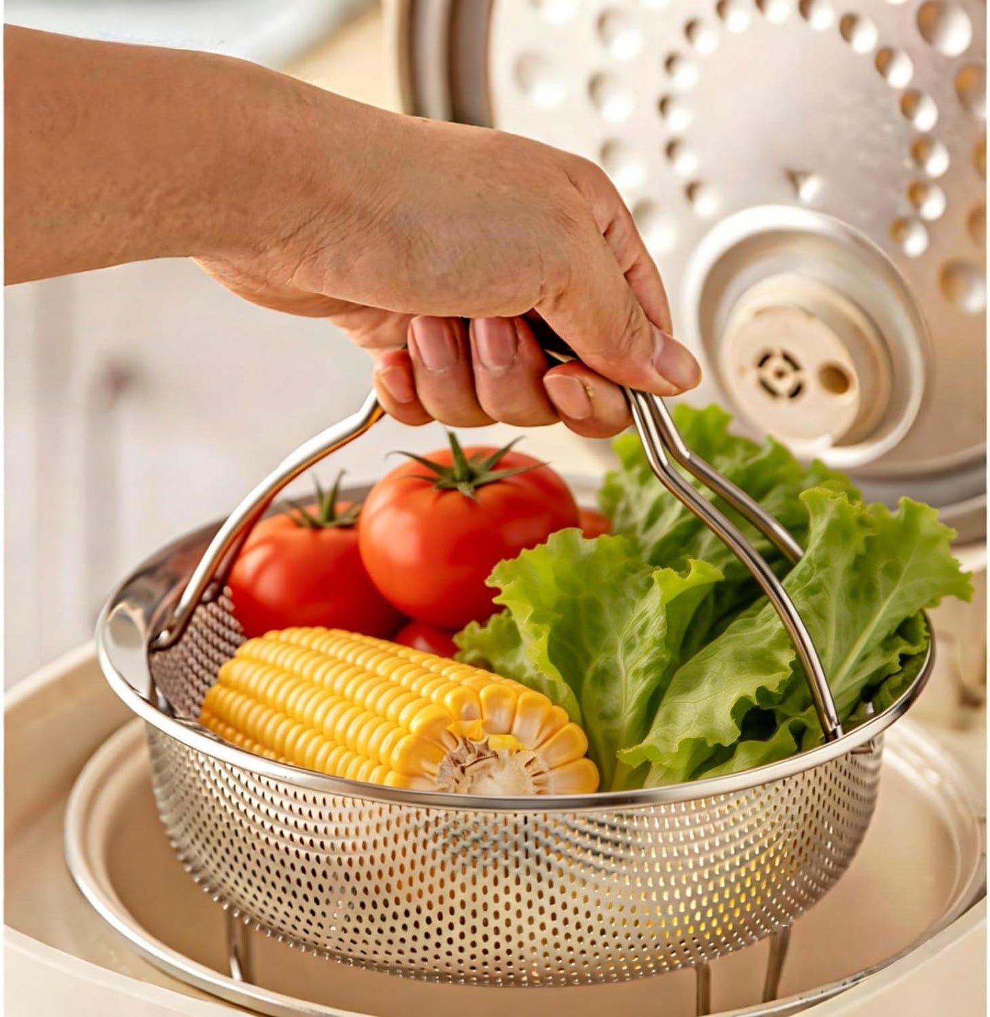 Cesta de vapor de acero inoxidable plateada para olla y soporte de huevo