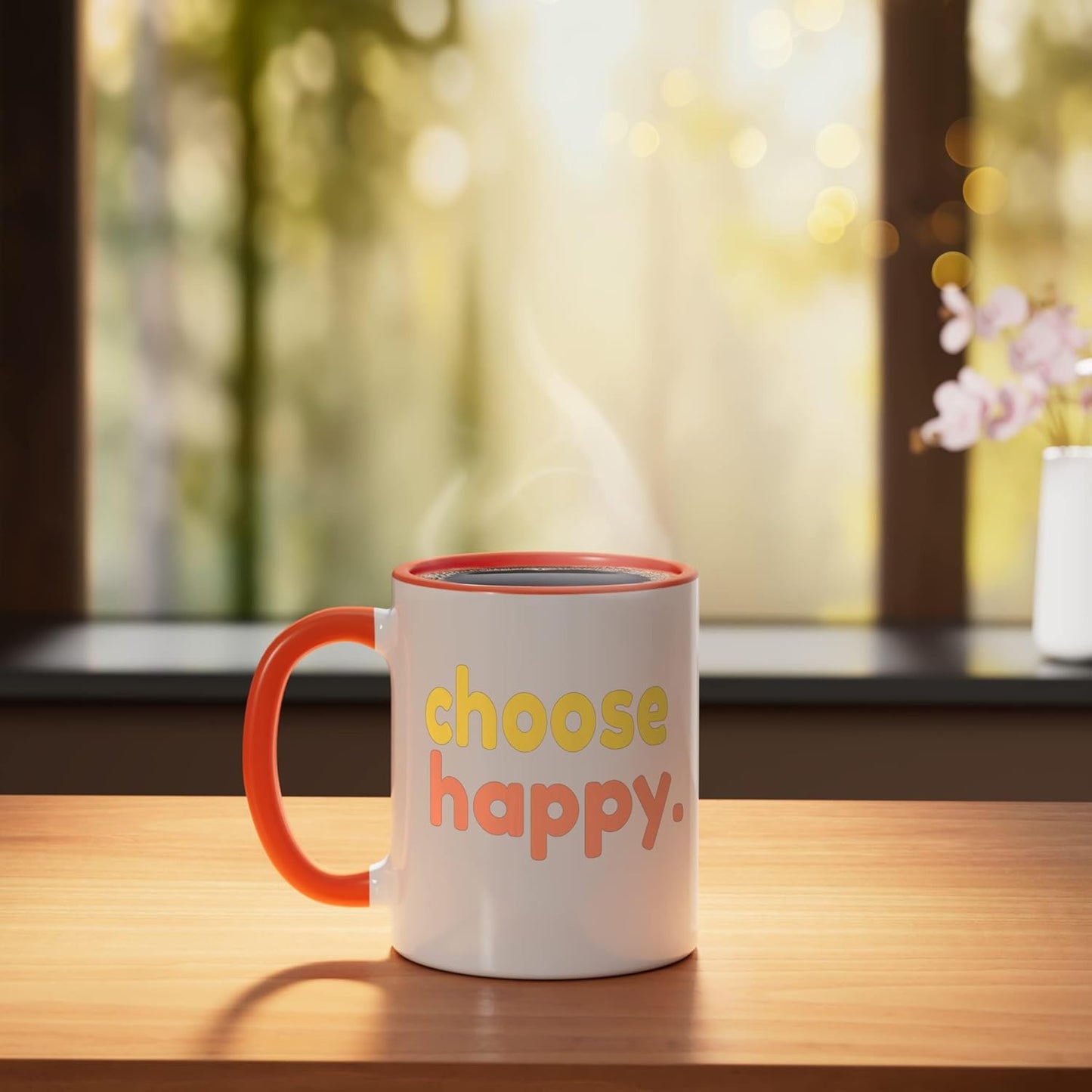 Taza cerámica retro minimalista con frase motivadora Choose Happy naranja/blanco
