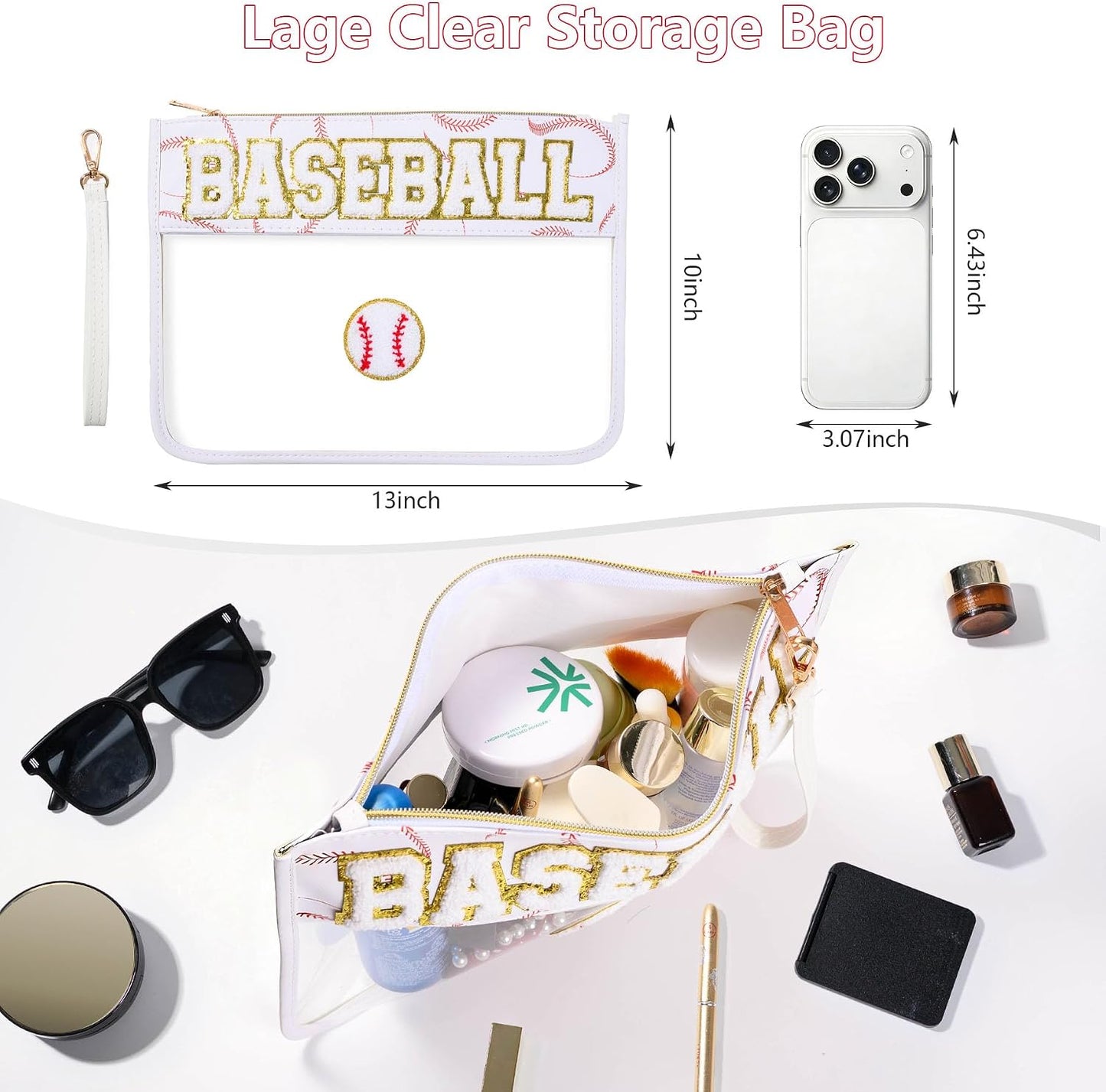 Bolsa béisbol transparente PVC con parches de chenilla