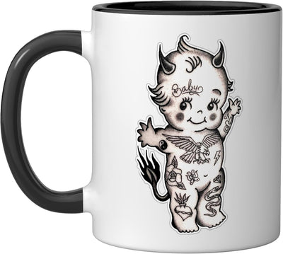 Taza de cerámica Kewpie con diseño de demonio diablo en negro y blanco