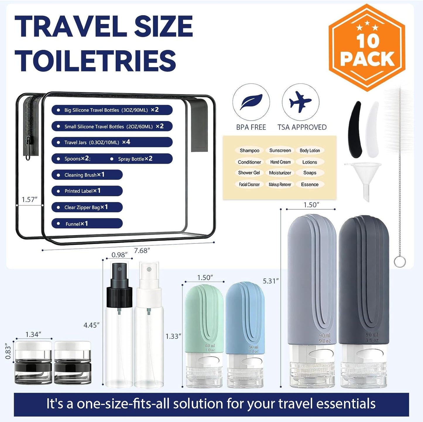 Kit 10 Botellas Silicona Viaje TSA Aprobado