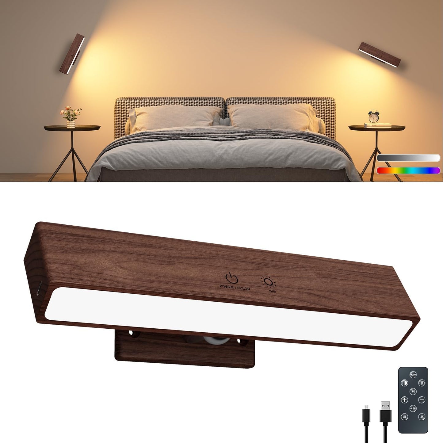 Aplique pared madera batería 5200 mAh RGB 3 temperaturas