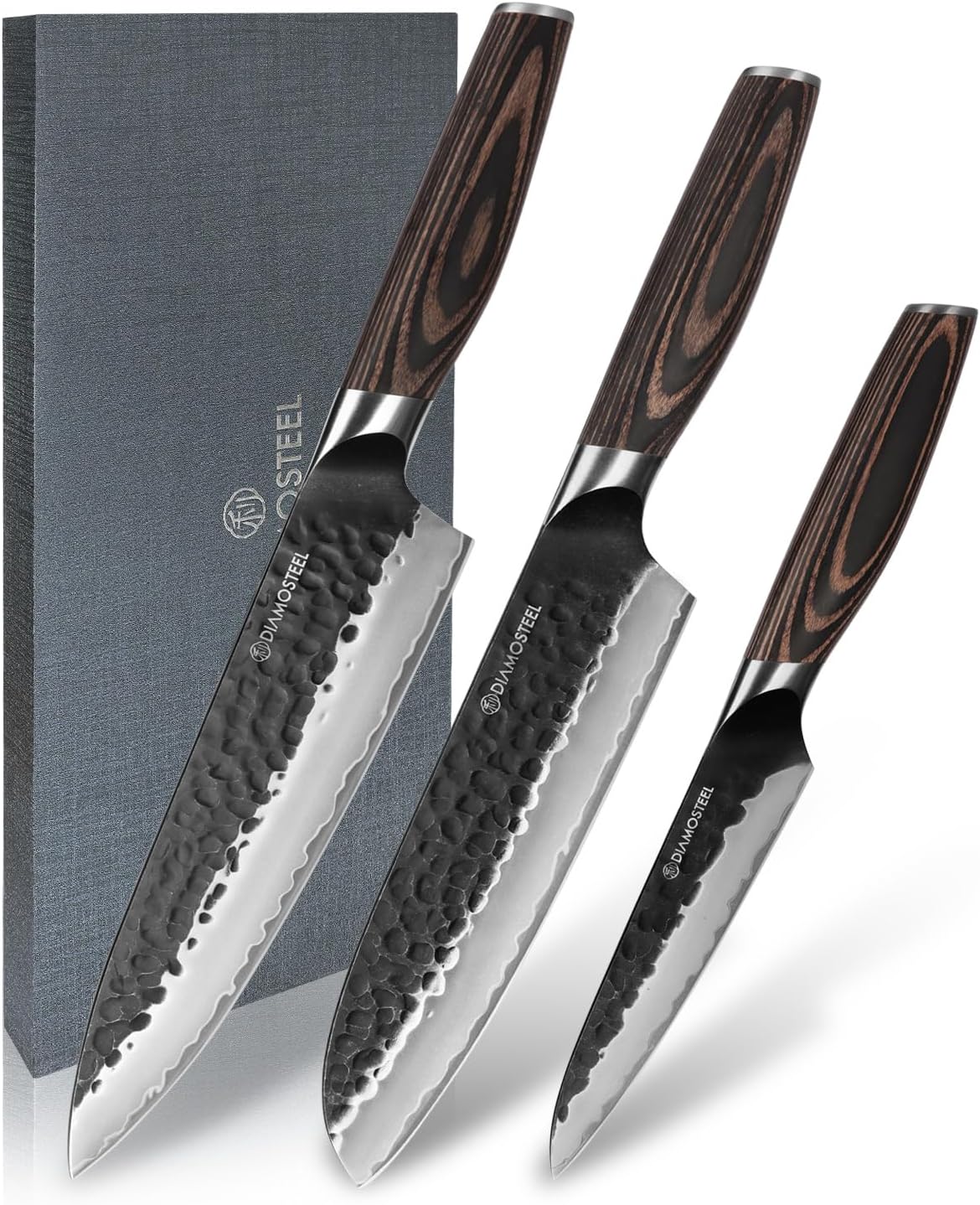 Juego de 3 cuchillos japoneses de acero inoxidable 9CR18MOV con hoja negra y mango de Pakkawood