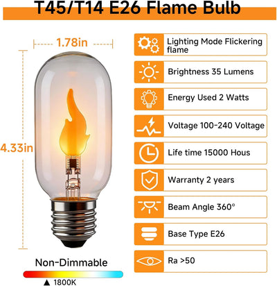 Bombilla LED T45 E26 vidrio ámbar 2 W 1800 K parpadeante paq 2