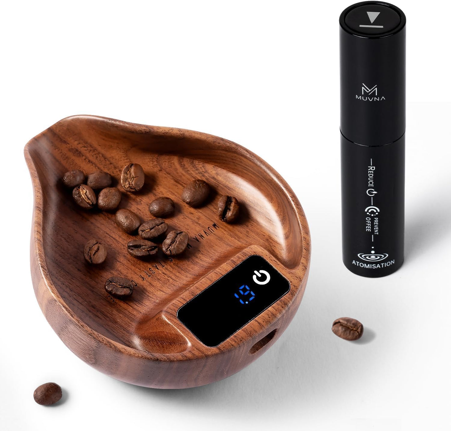 Báscula granos café con botella spray y cuchara dosis