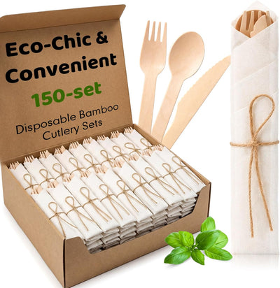 Set 600 servilletas preenrolladas y cubiertos bambú biodegradables