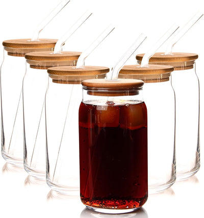 6 Vasos Vidrio con Tapas Bambú y Popote 16oz para Cafetería Hogar
