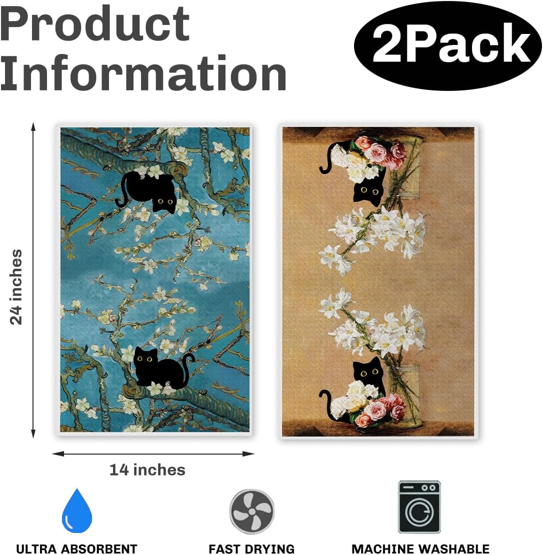 Toallas de cocina con diseño de gato negro y lirios