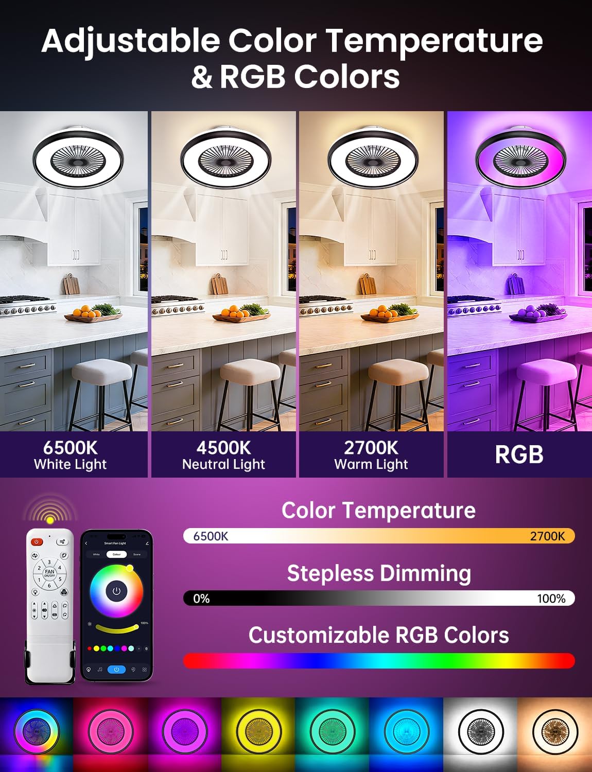 Ventilador techo RGB 24pulg control remoto voz