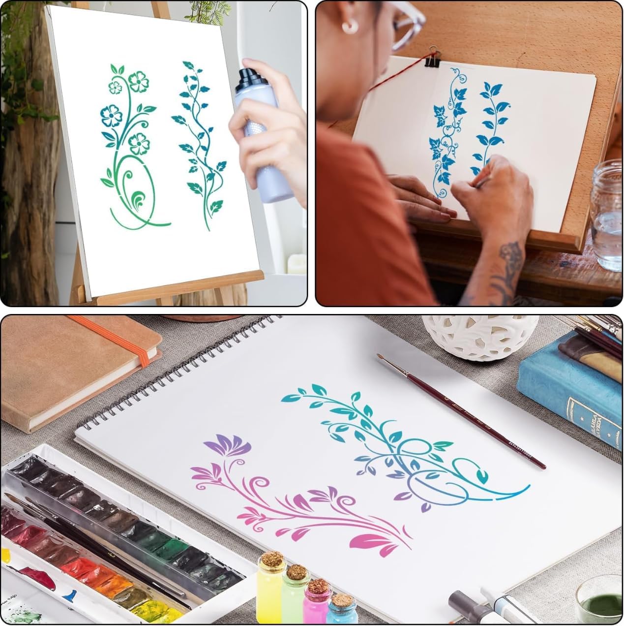 12 Plantillas Vid Flores Reutilizables Pared Madera Tela