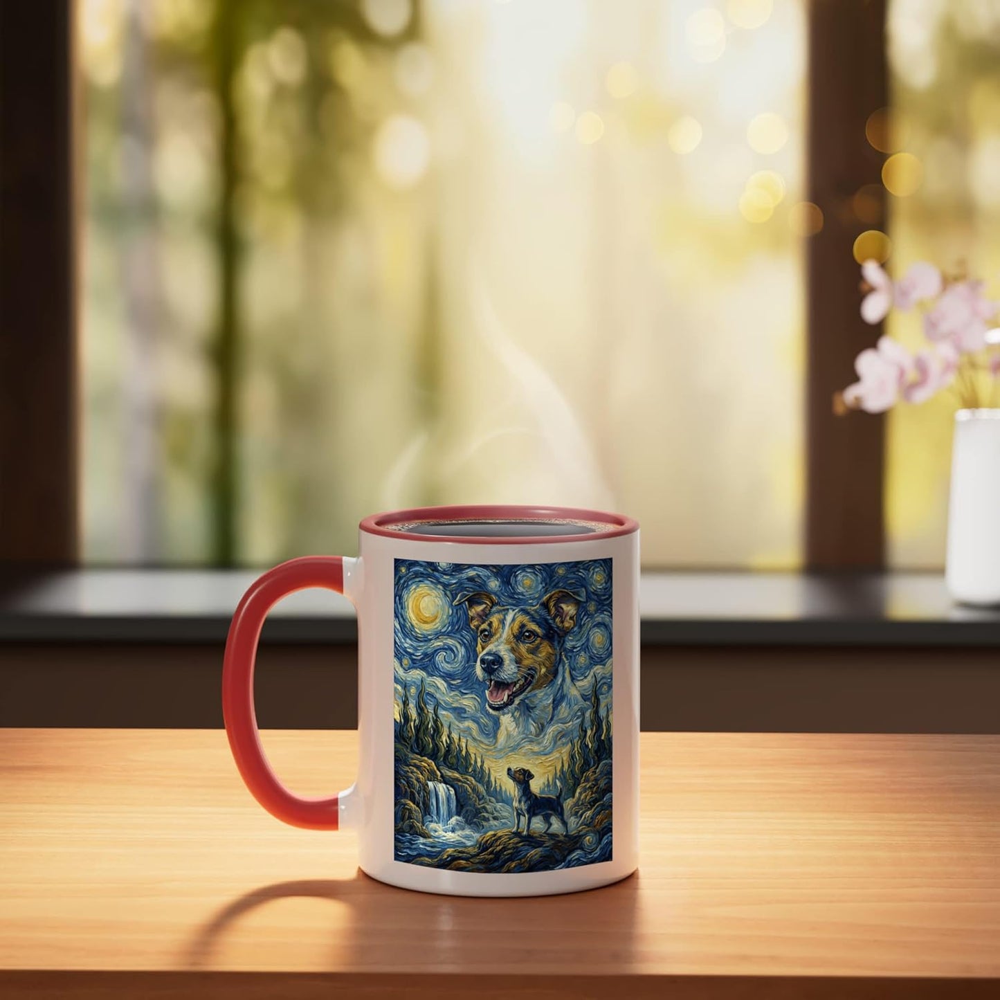 Taza Cerámica Estilo Van Gogh Luna Perro Jack Russell Rojo/Blanco