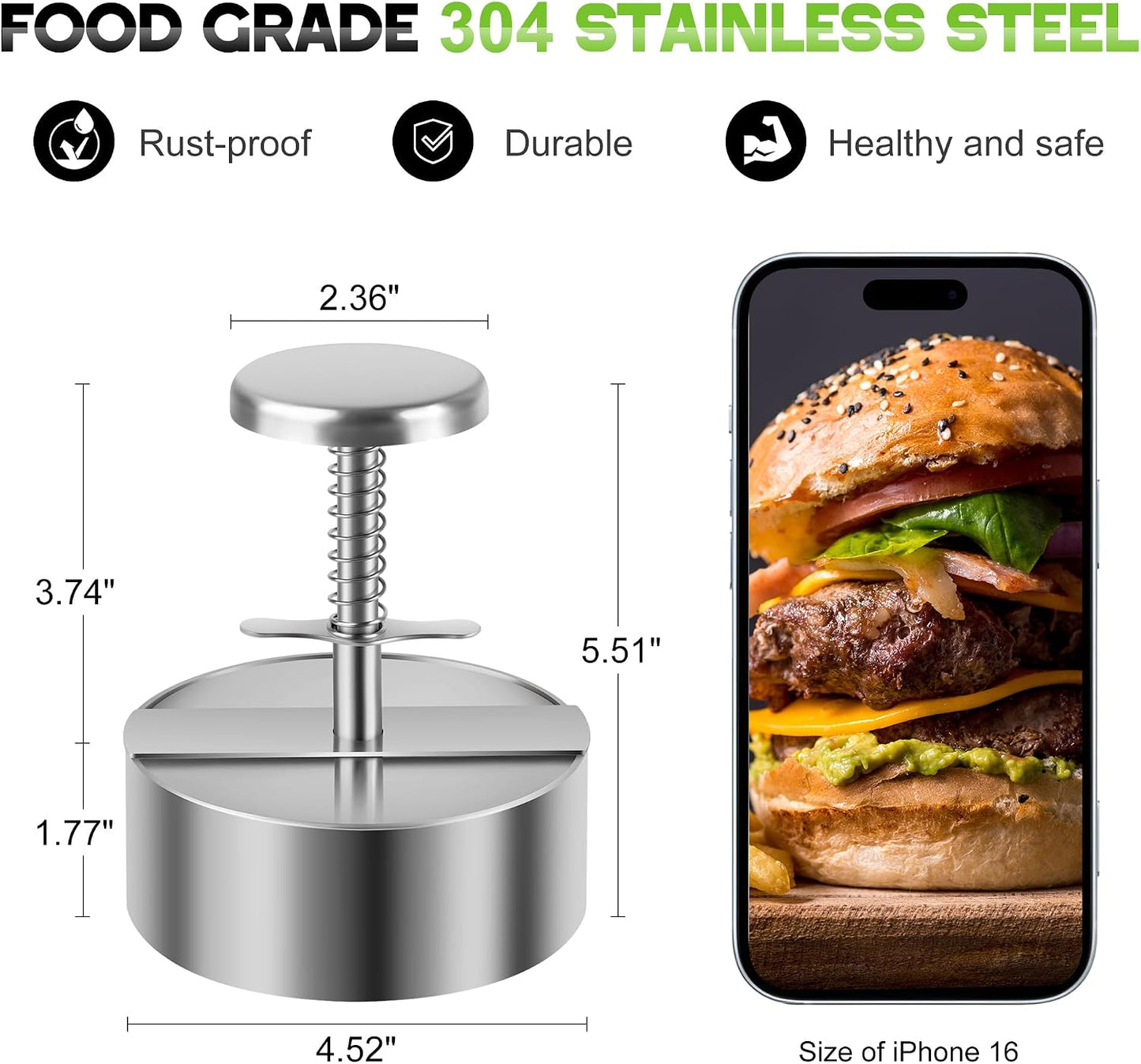 Prensa hamburguesas ajustable 4.52pulg acero inox 304
