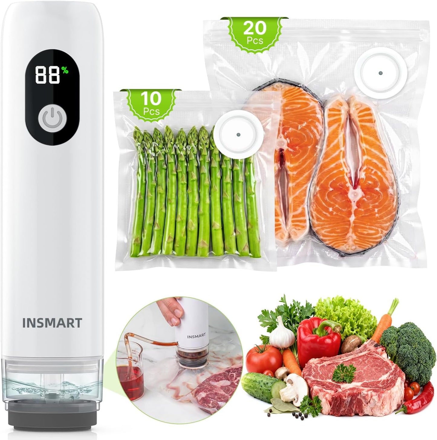 Sellador al vacío compacto para alimentos 30 bolsas reutilizables