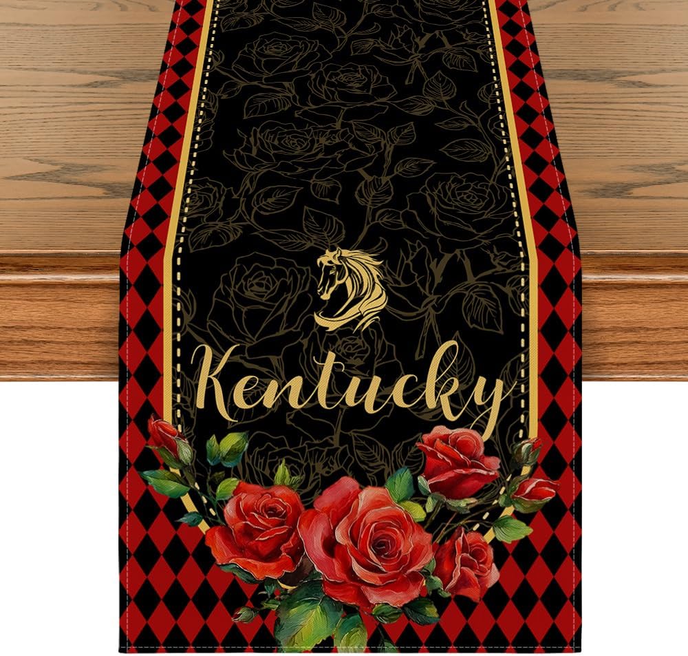 Camino de mesa Kentucky Artoid con patrón de rosas de caballo y diamantes